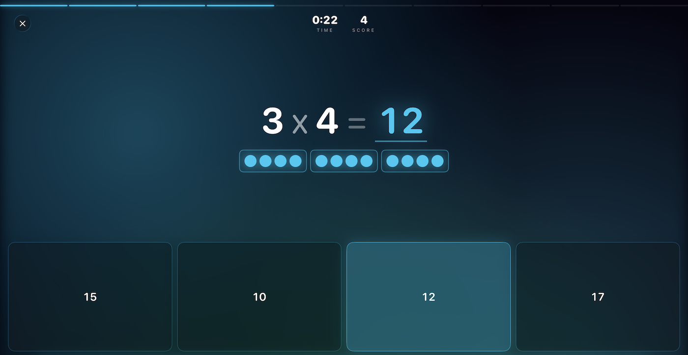 Integenius — 1 × 4 = 4. The quiz screen mid-game with the answer highlighted in neon pink.