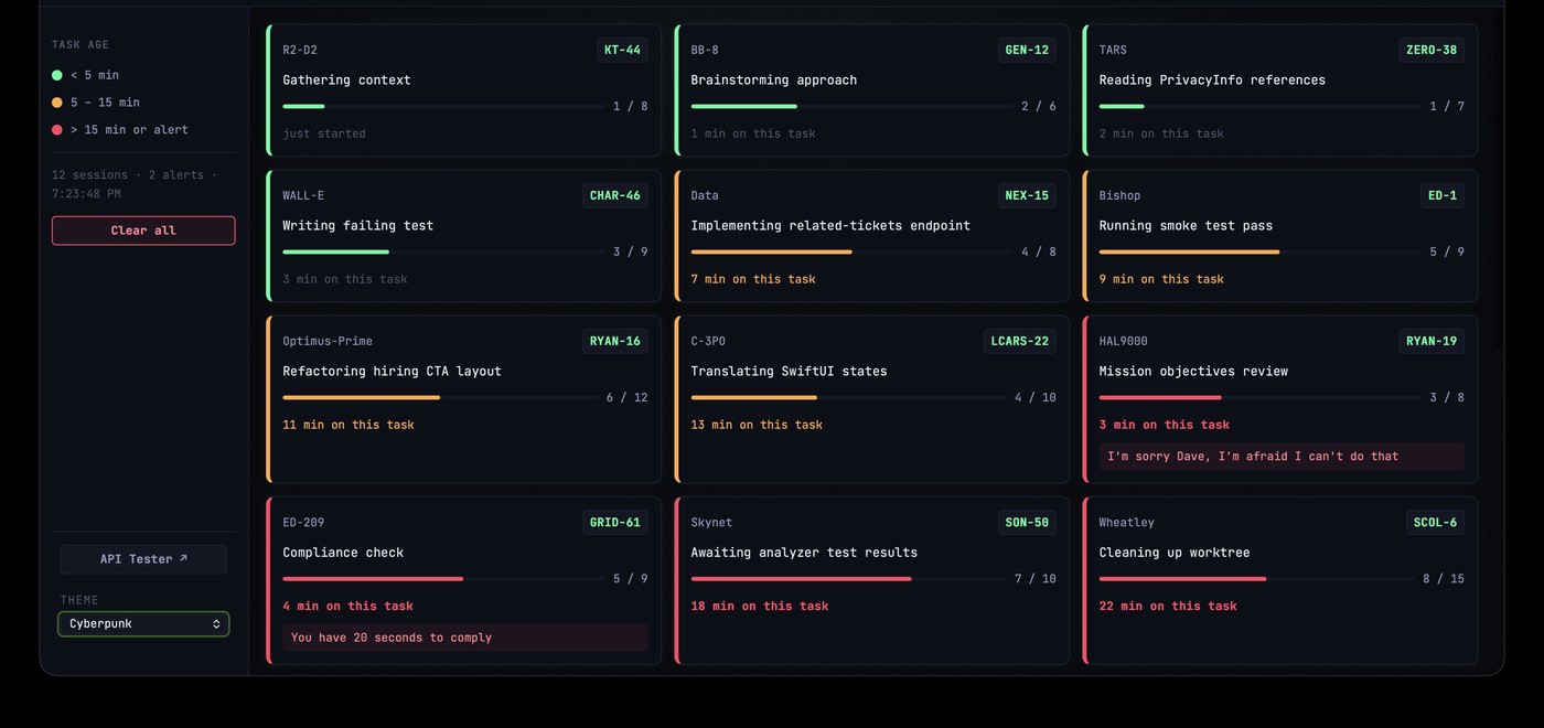 Nexus sessions monitor: twelve agents in flight, color-coded by task age