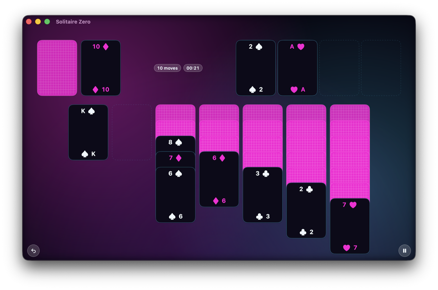 Solitaire Zero — Neon theme, mid-game with cards laid out on a dark gradient background.